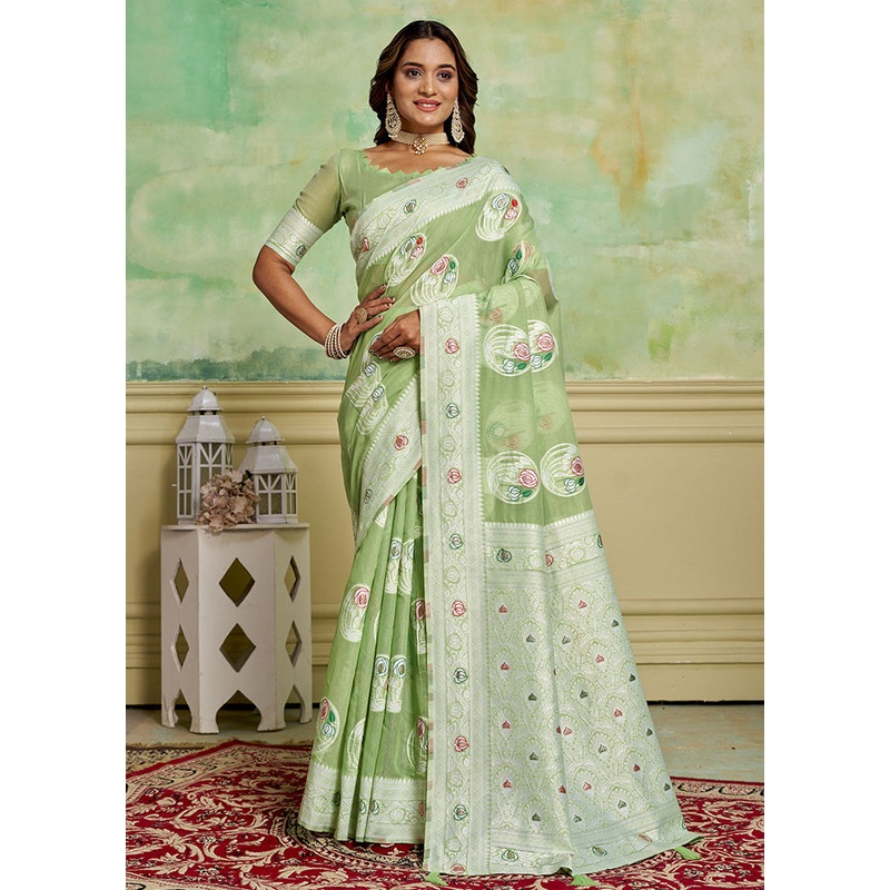 Green Cotton Saree With Blouse Piece - JD986600944