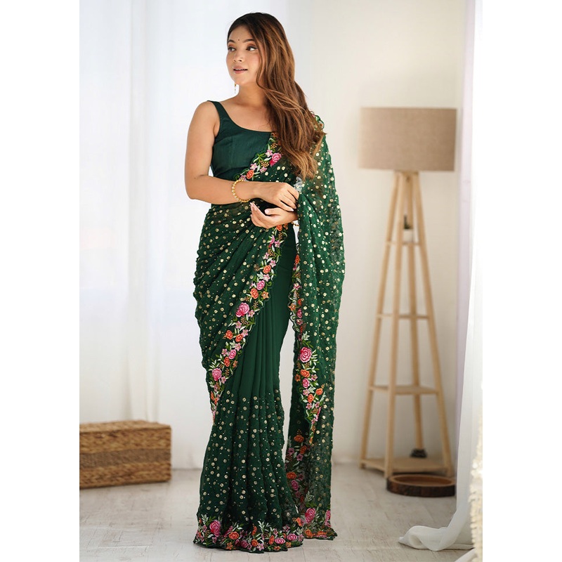 Green Georgette Saree With Blouse Piece - JD986600942