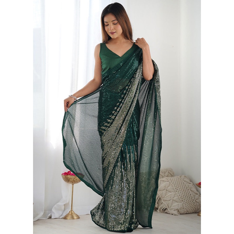 Green Georgette Saree With Blouse Piece - JD986600943