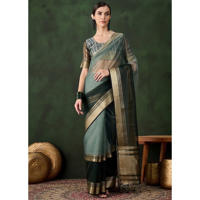 Green Organza Saree With Blouse Piece - JD986600938