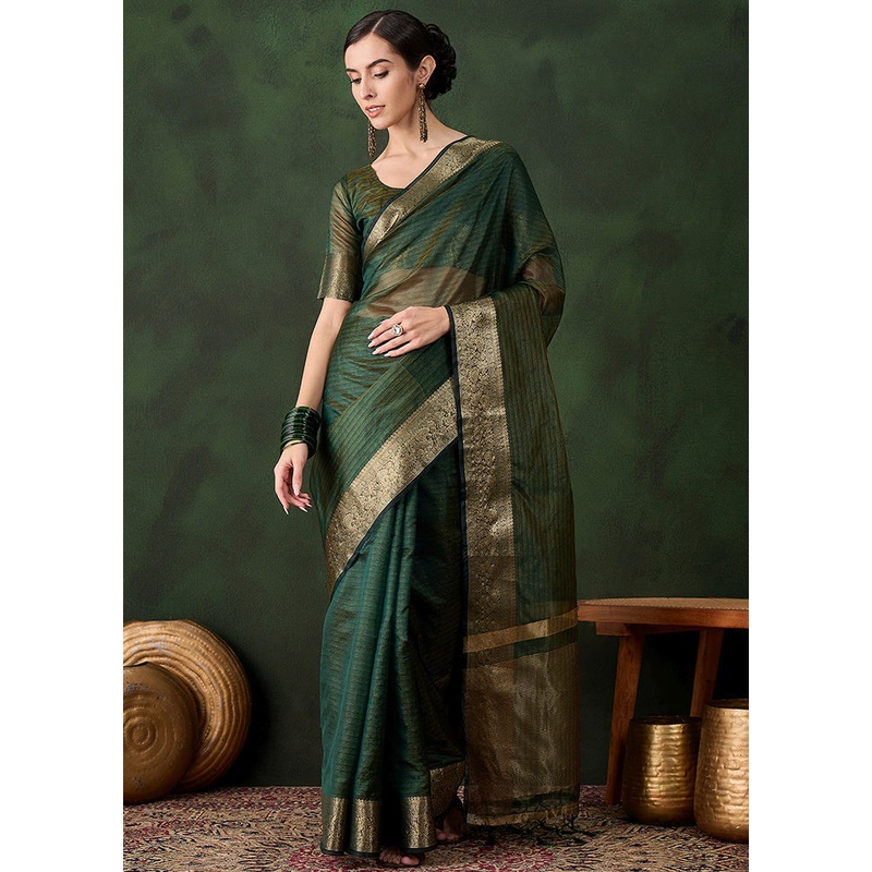 Green Organza Saree With Blouse Piece - JD986600939