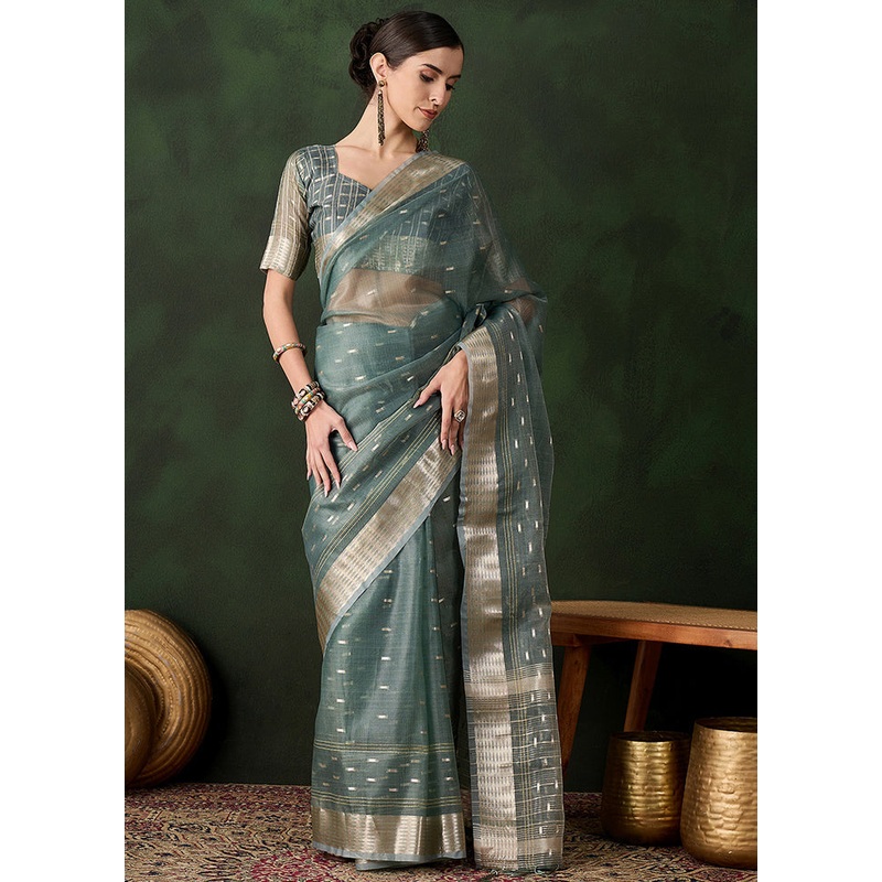 Green Organza Saree With Blouse Piece - JD986600940