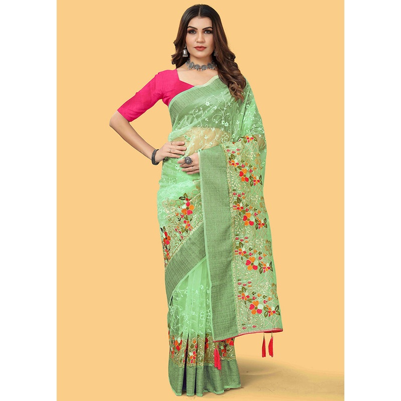 Green Organza Saree With Blouse Piece - JD986600941