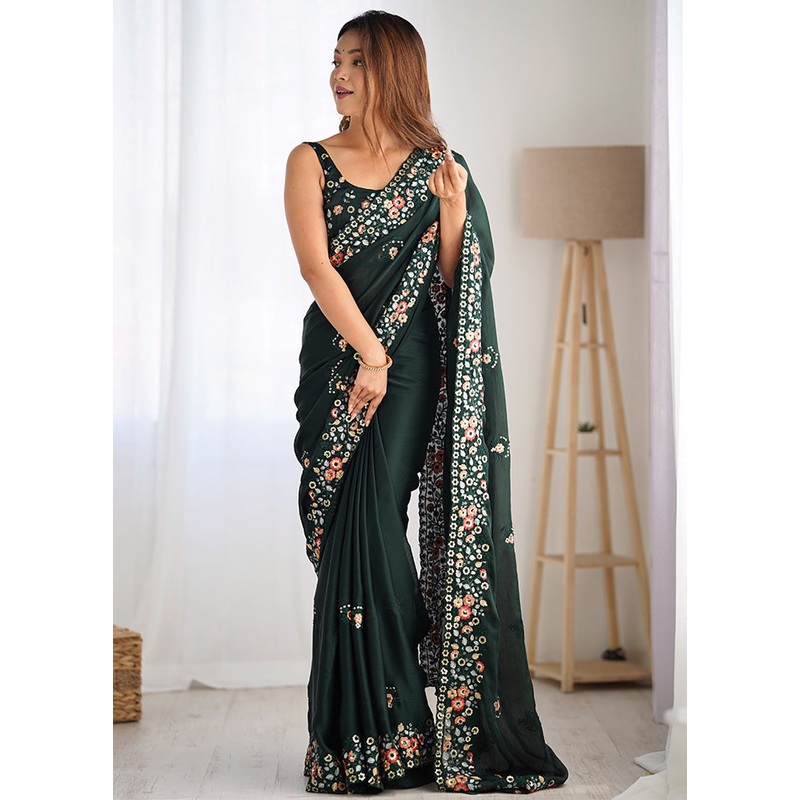 Green Satin Silk Saree With Blouse Piece - JD986600937