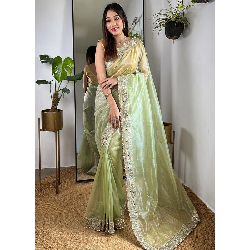 Green Spun Silk Saree With Blouse Piece - JD986600930