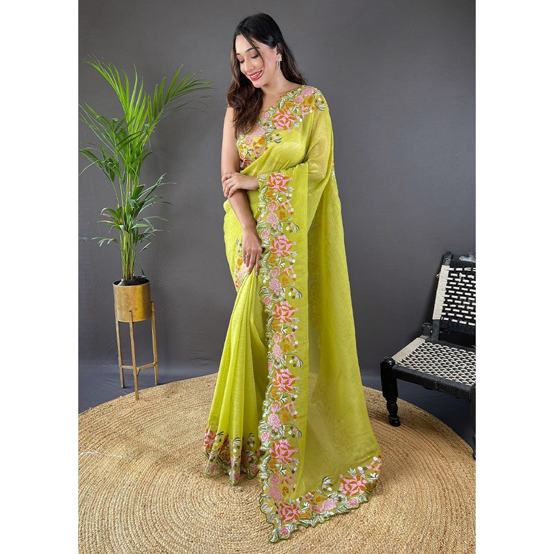 Green Spun Silk Saree With Blouse Piece - JD986600932