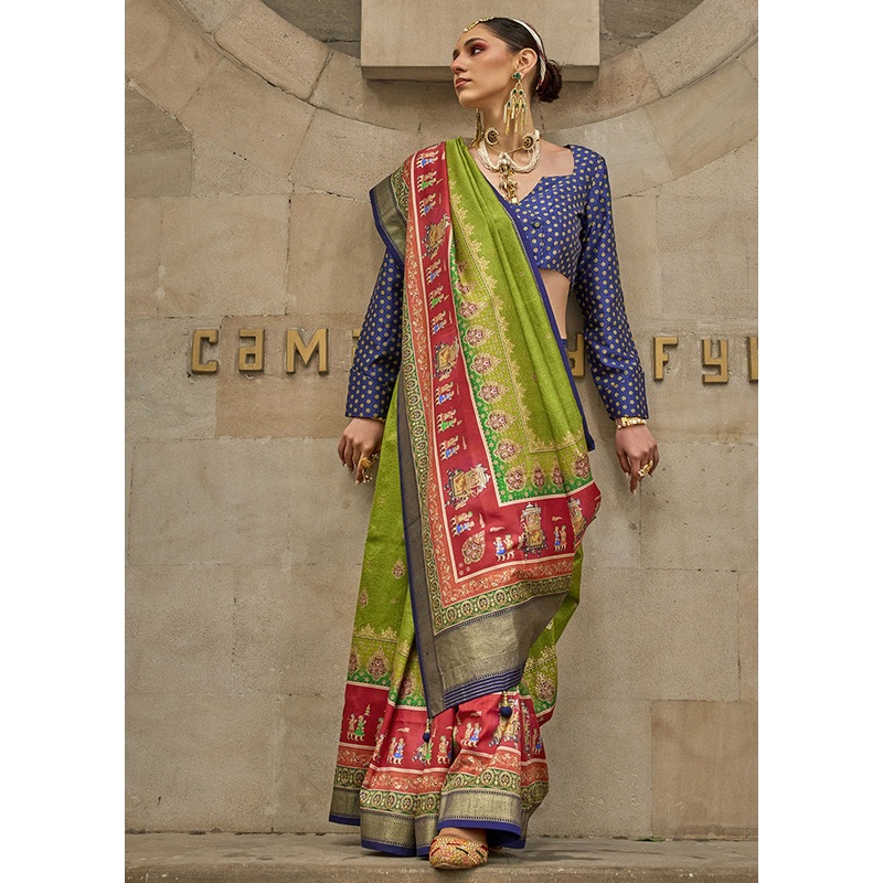 Green Spun Silk Saree With Blouse Piece - JD986600933