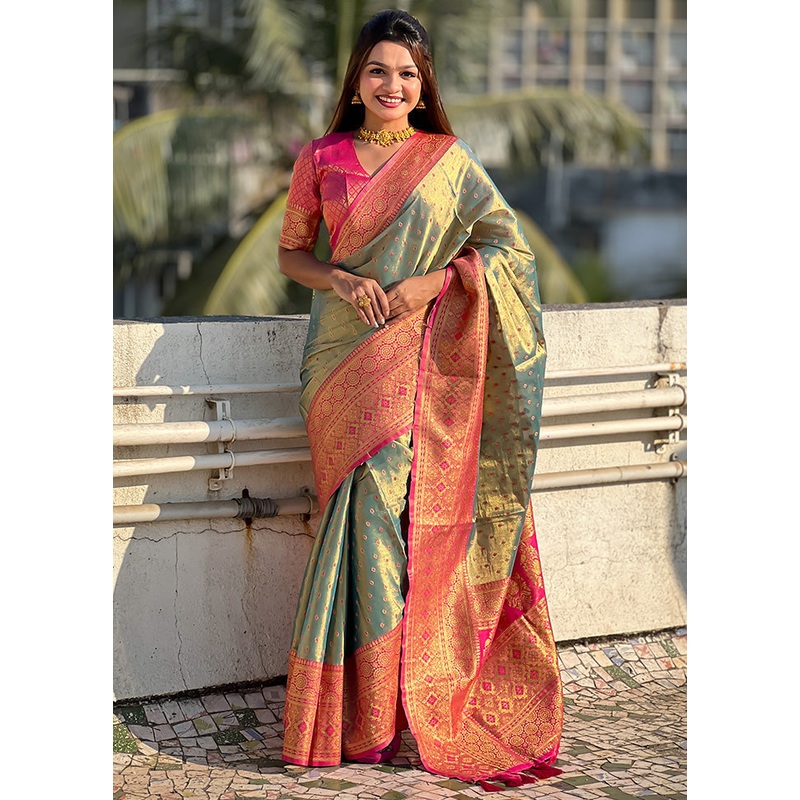 Green Spun Silk Saree With Blouse Piece - JD986600961