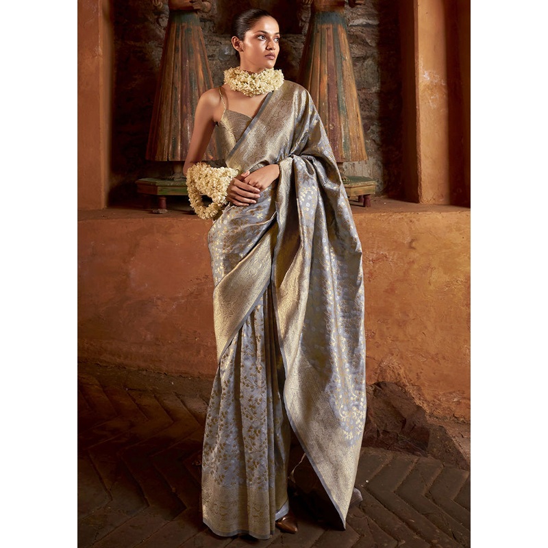 Grey Banarasi Silk Saree With Blouse Piece - JD986600925