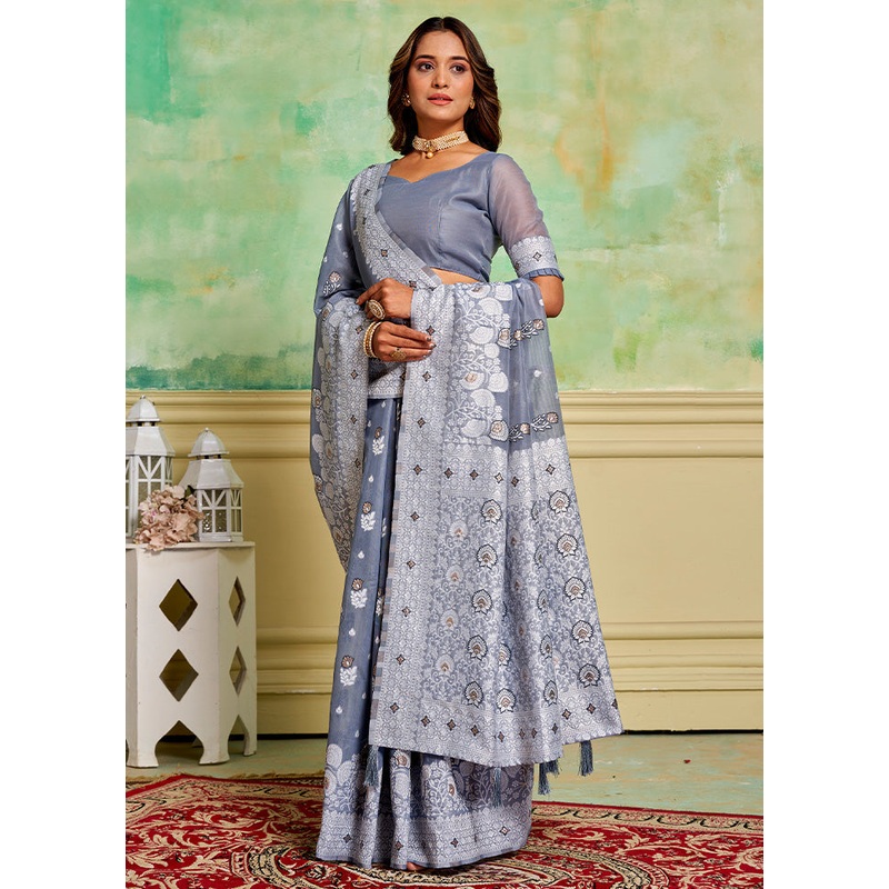 Grey Cotton Saree With Blouse Piece - JD986600923