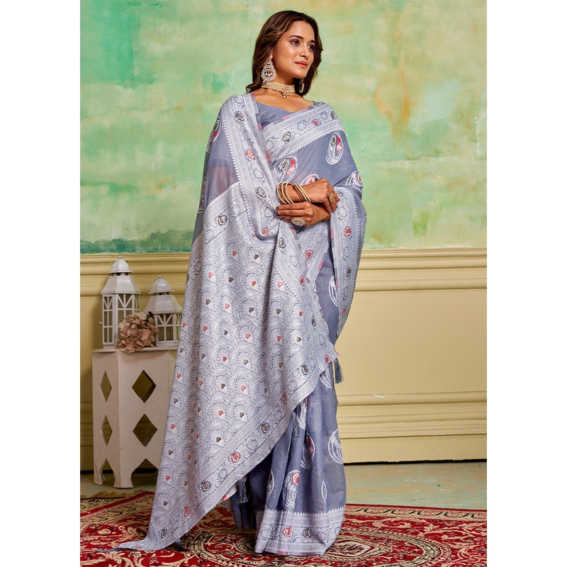 Grey Cotton Saree With Blouse Piece - JD986600924