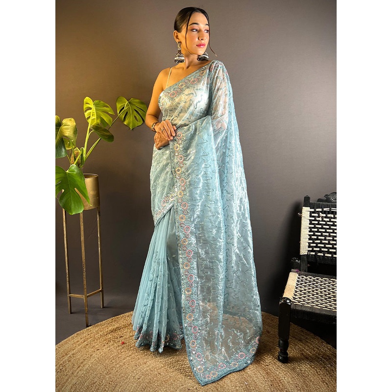 Grey Net Net Saree With Blouse Piece - JD986600921