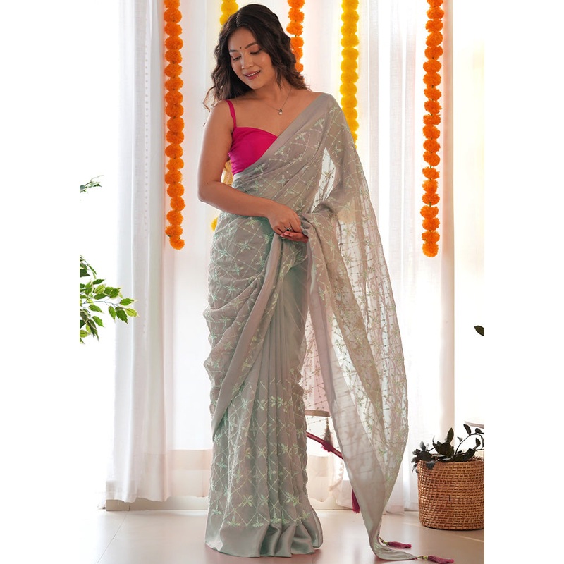 Grey Satin Silk Saree With Blouse Piece - JD986600916