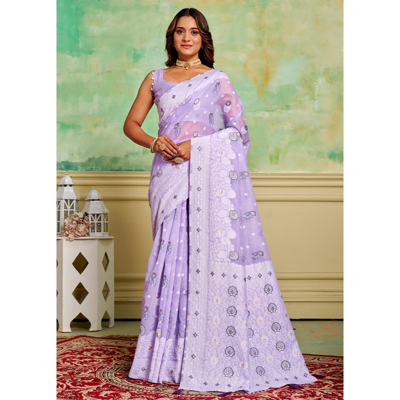 Lavender Cotton Saree With Blouse Piece - JD986600911