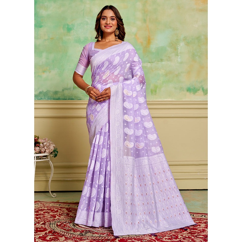 Lavender Cotton Saree With Blouse Piece - JD986600913