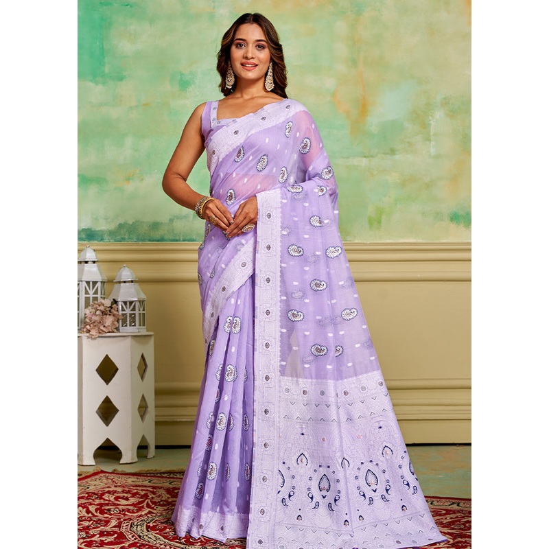 Lavender Cotton Saree With Blouse Piece - JD986600914