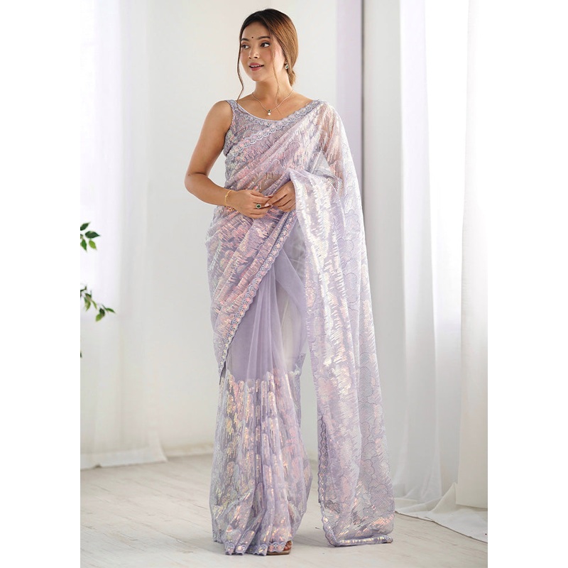 Lavender Net Net Saree With Blouse Piece - JD986600910