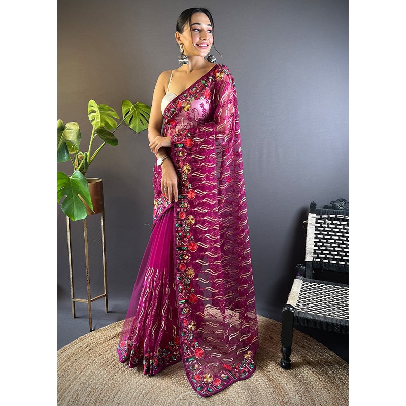 Magenta Net Net Saree With Blouse Piece - JD986600905