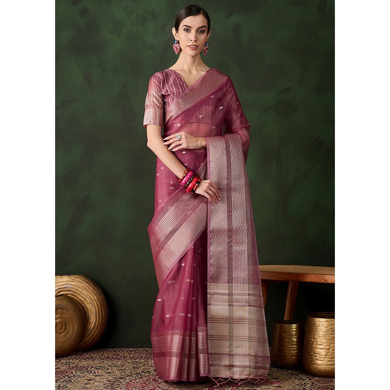 Magenta Organza Saree With Blouse Piece - JD986600903