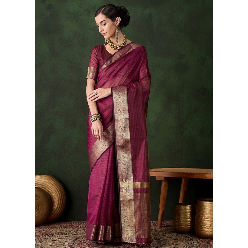Magenta Organza Saree With Blouse Piece - JD986600904
