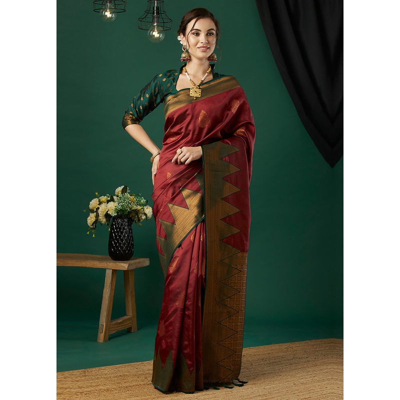 Maroon Banarasi Silk Saree With Blouse Piece - JD986600901