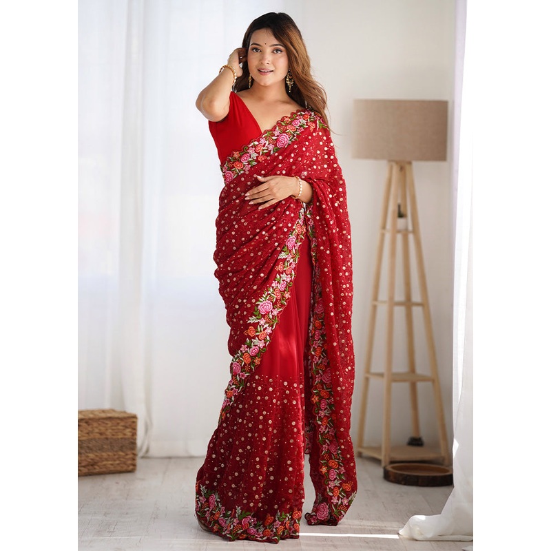 Maroon Georgette Saree With Blouse Piece - JD986600898