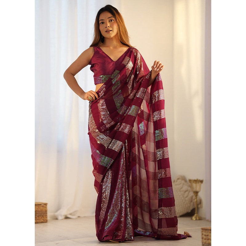 Maroon Georgette Saree With Blouse Piece - JD986600899