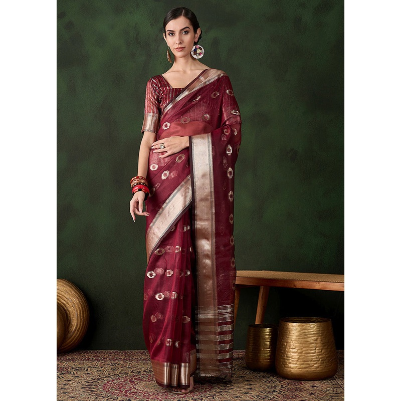 Maroon Organza Saree With Blouse Piece - JD986600897