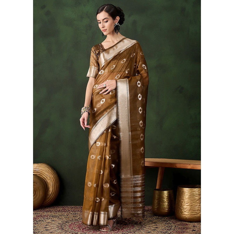 Mustard Organza Saree With Blouse Piece - JD986600881