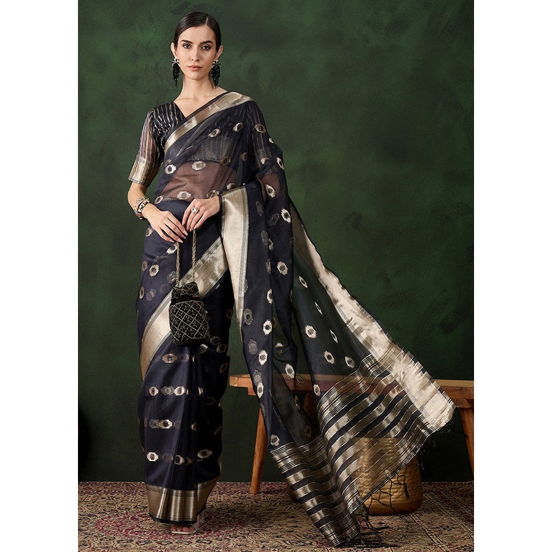 Navy Blue Organza Saree With Blouse Piece - JD986600878