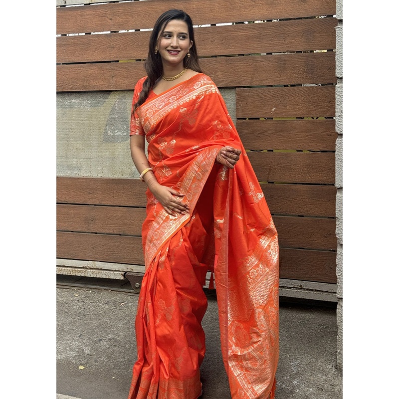 Orange Banarasi Silk Saree With Blouse Piece - JD986600876