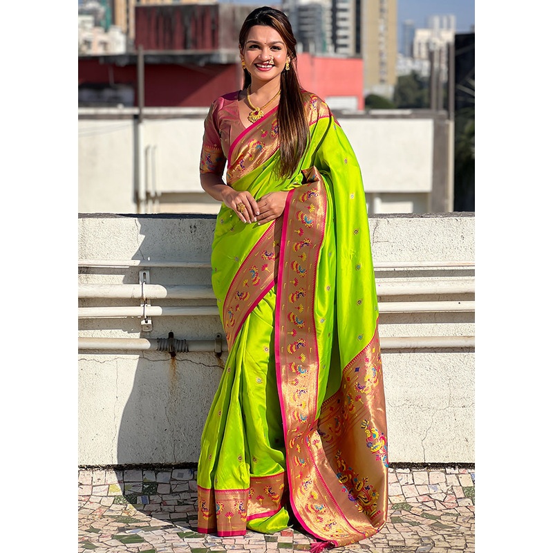 Parrot Green Spun Silk Saree With Blouse Piece - JD986600870