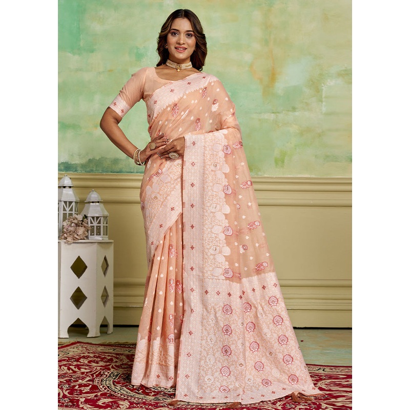 Peach Cotton Saree With Blouse Piece - JD986600866