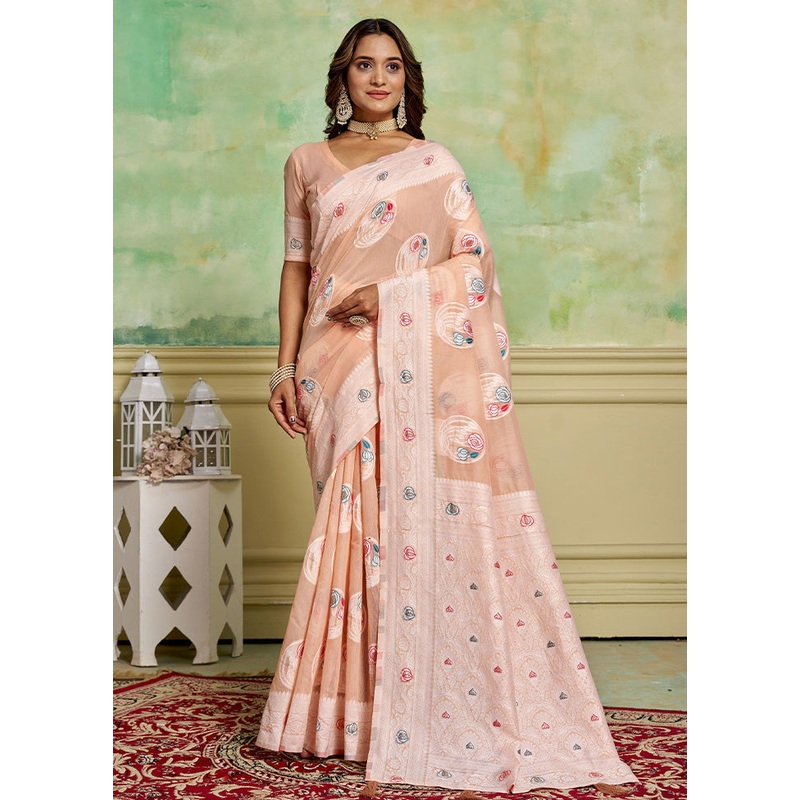 Peach Cotton Saree With Blouse Piece - JD986600867