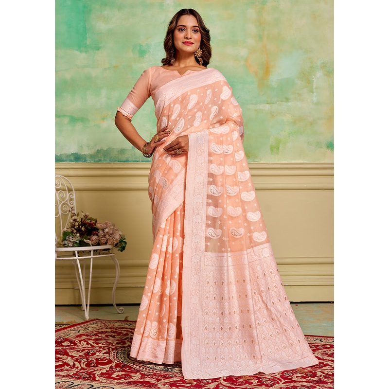 Peach Cotton Saree With Blouse Piece - JD986600868