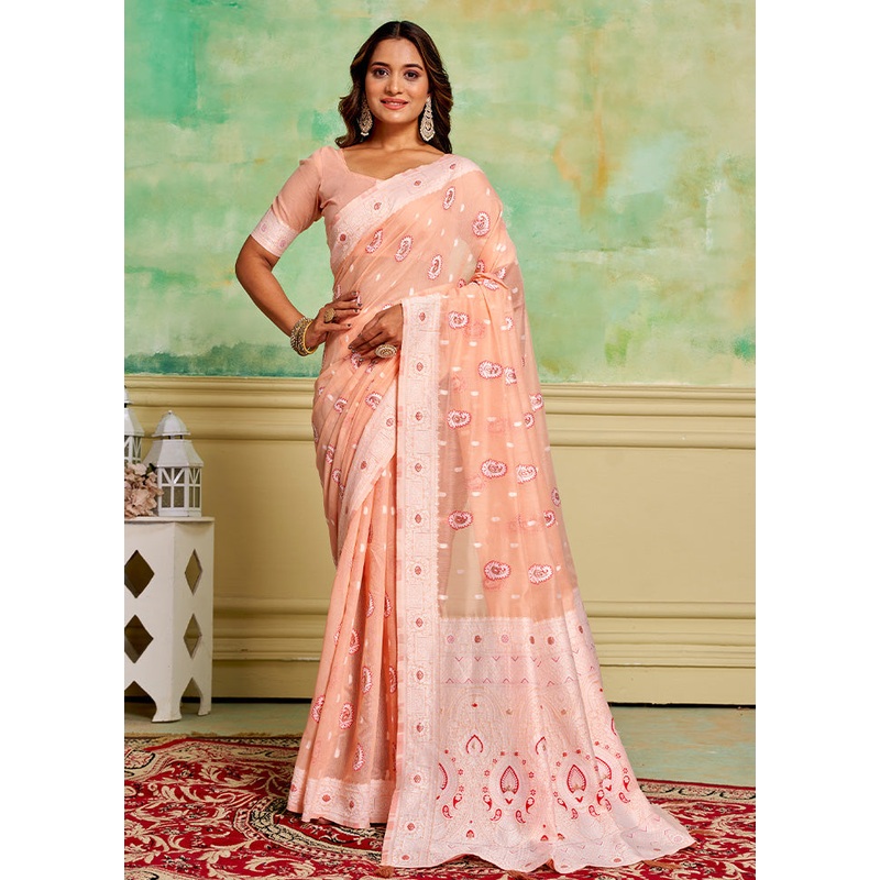 Peach Cotton Saree With Blouse Piece - JD986600869