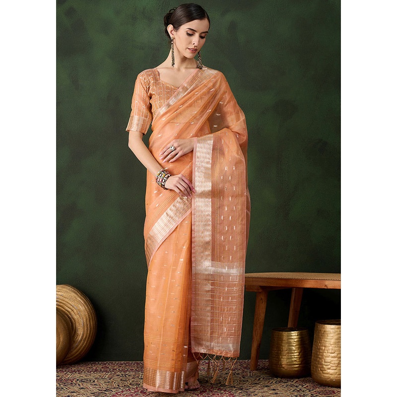 Peach Organza Saree With Blouse Piece - JD986600865