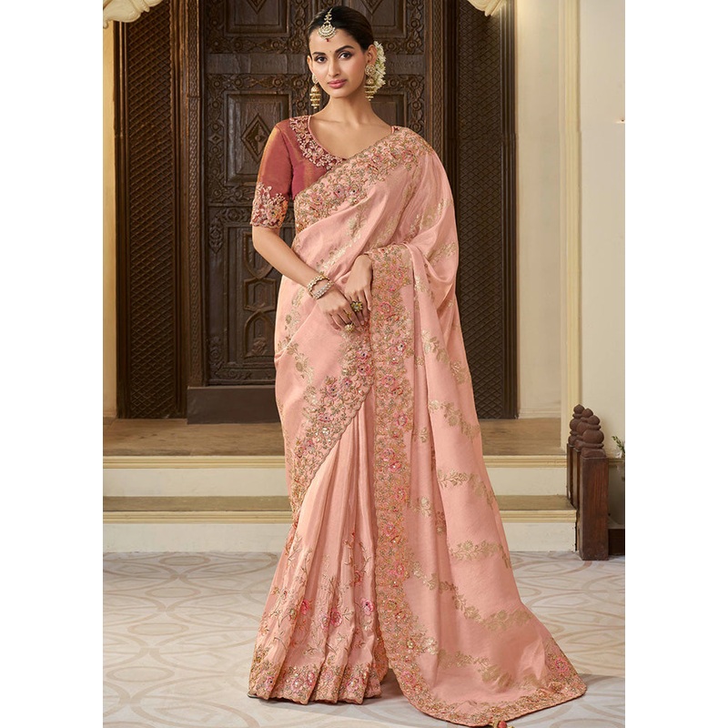 Peach Spun Pure Silk Saree With Blouse Piece - JD986600864