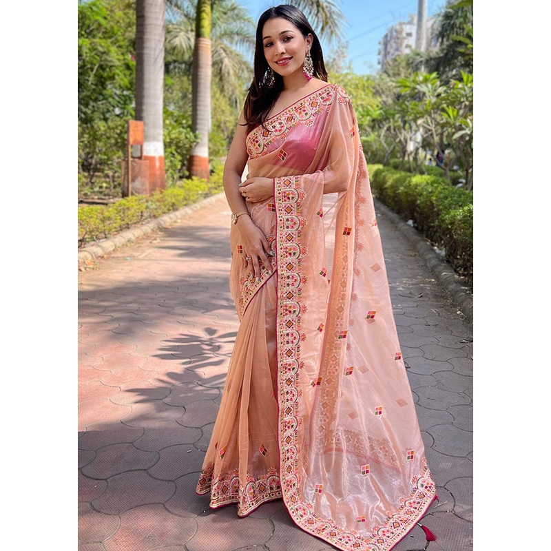 Peach Spun Silk Saree With Blouse Piece - JD986600862