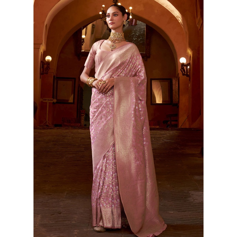 Pink Banarasi Silk Saree With Blouse Piece - JD986600860