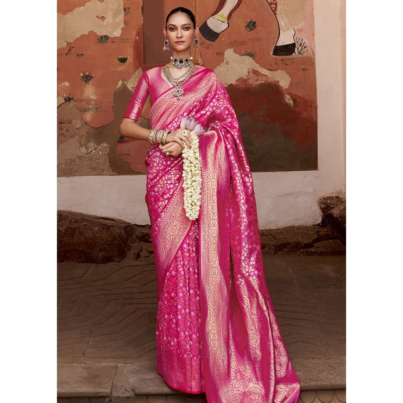 Pink Banarasi Silk Saree With Blouse Piece - JD986600861