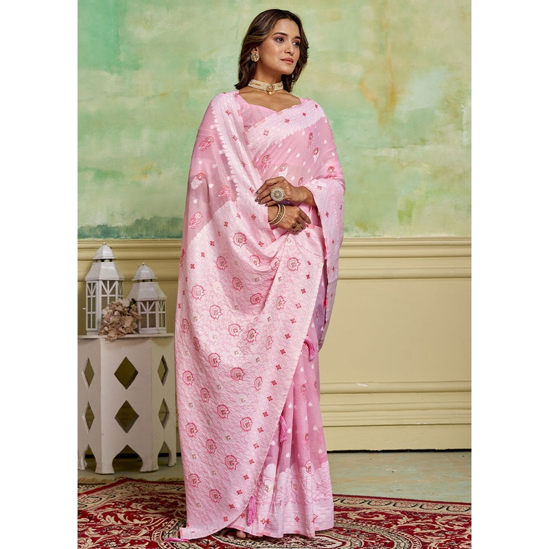 Pink Cotton Saree With Blouse Piece - JD986600854