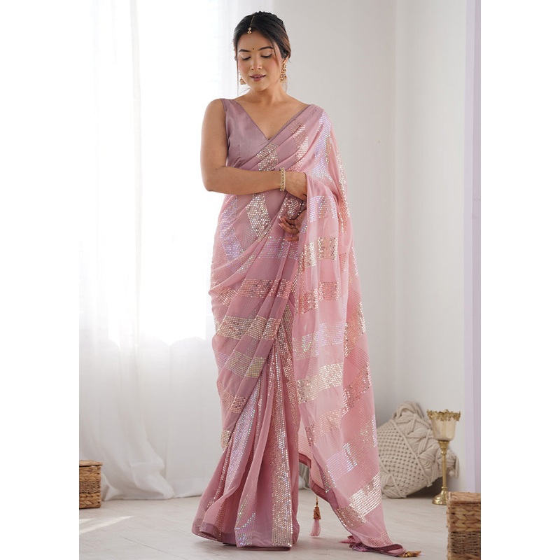 Pink Georgette Saree With Blouse Piece - JD986600853
