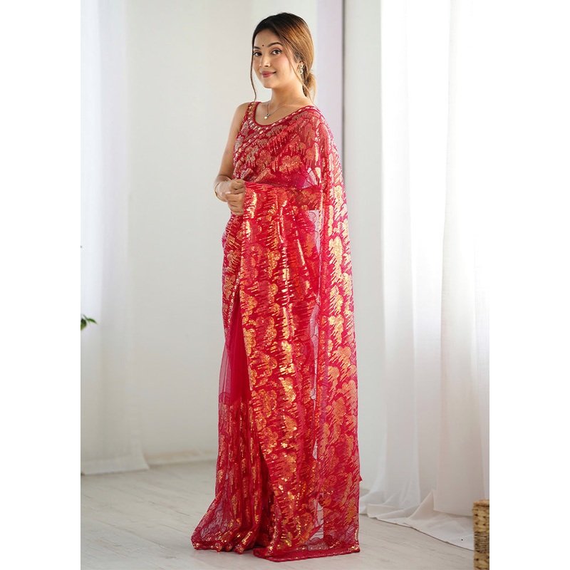 Pink Net Net Saree With Blouse Piece - JD986600851