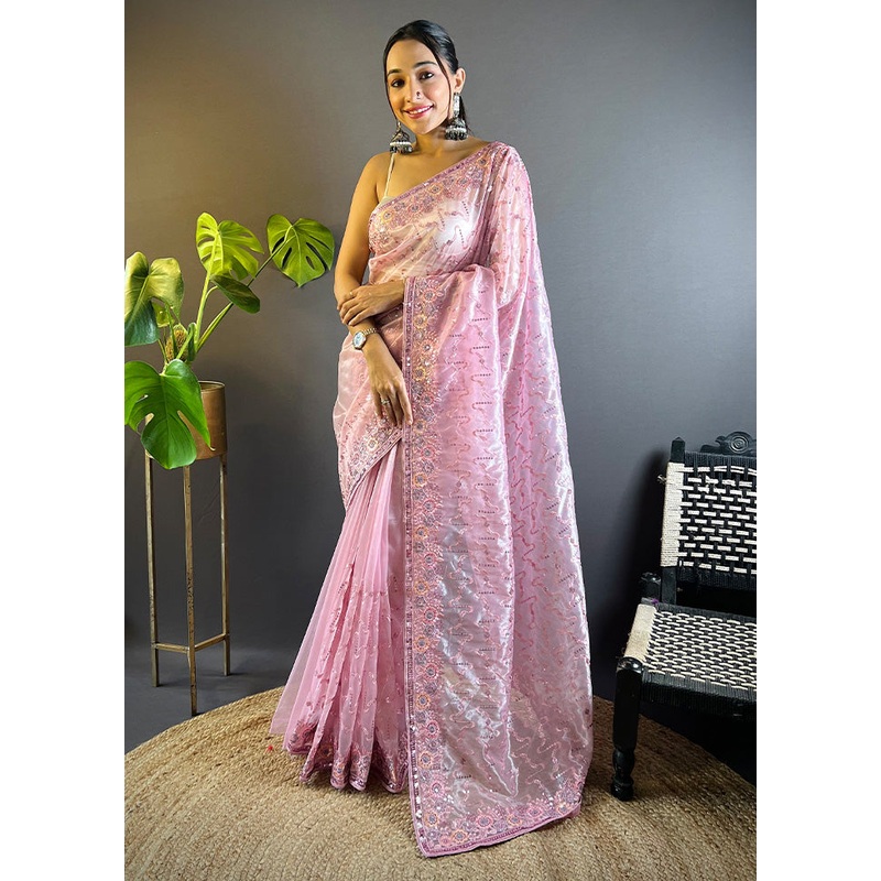 Pink Net Net Saree With Blouse Piece - JD986600852