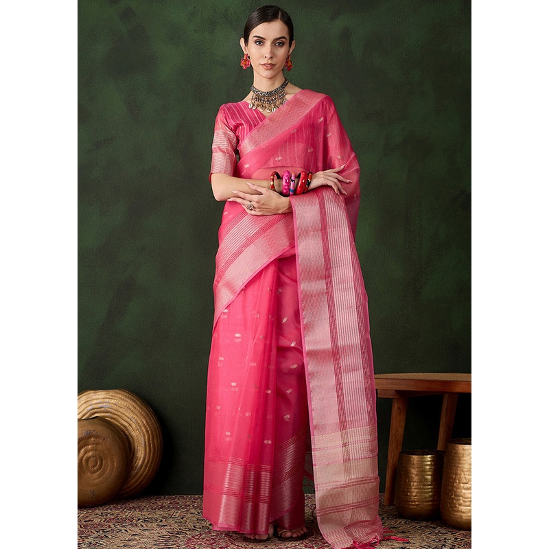 Pink Organza Saree With Blouse Piece - JD986600846