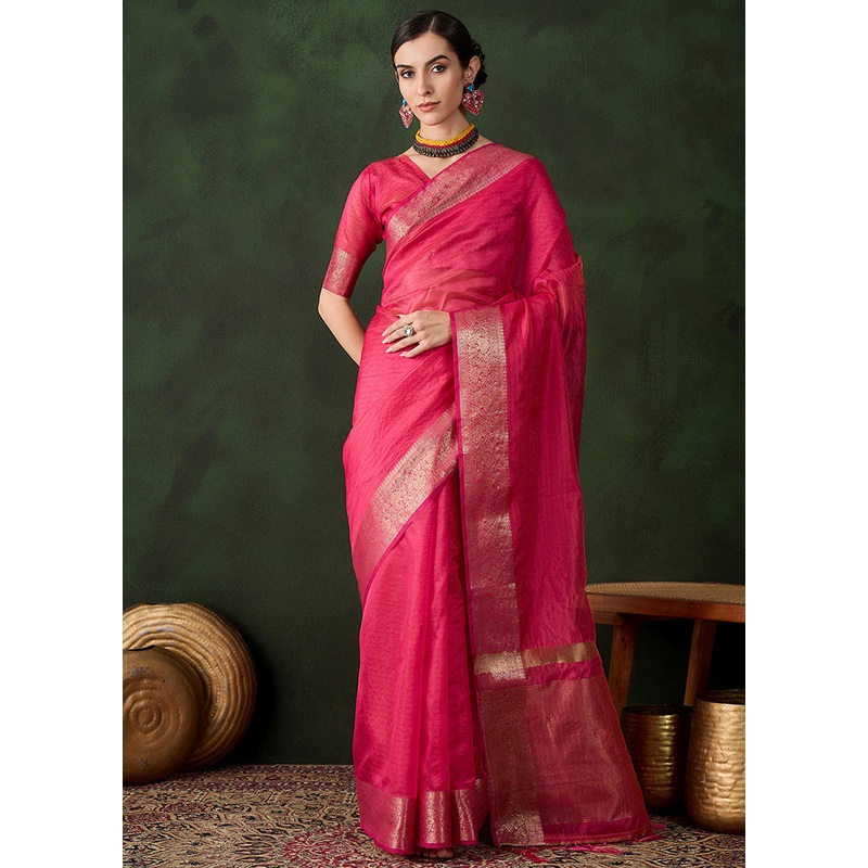 Pink Organza Saree With Blouse Piece - JD986600847