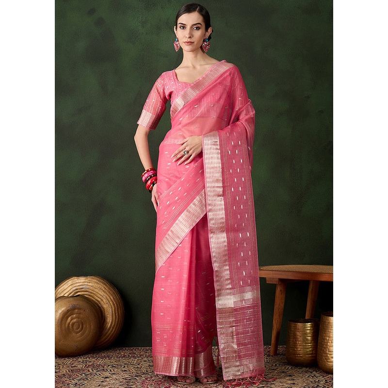 Pink Organza Saree With Blouse Piece - JD986600848