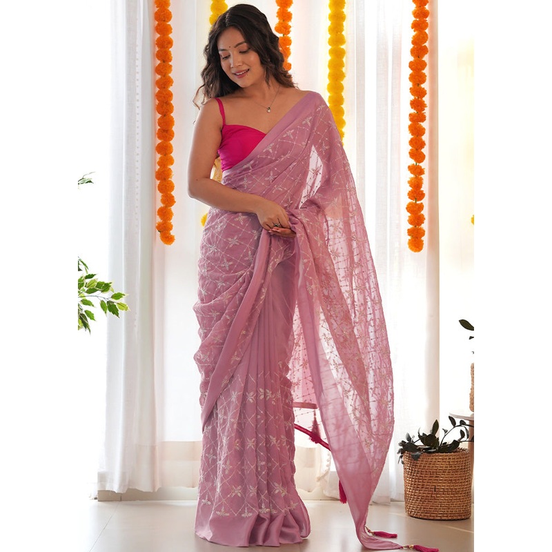 Pink Satin Silk Saree With Blouse Piece - JD986600845