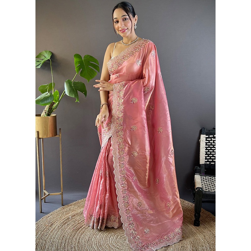 Pink Spun Silk Saree With Blouse Piece - JD986600837